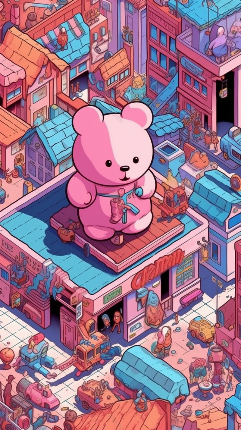 商场商城超市玩具小熊楼房房屋城市六一儿童节背景粉色插画,插画/手绘图,插画/手绘图库,插画/手绘图下载,插画/手绘